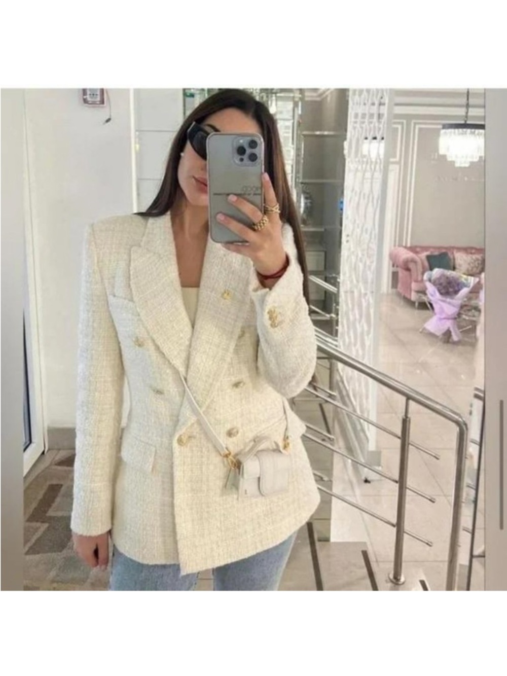 ZARA IVORY DOUBLE BREASTED TEXTURED WEAVE TWEED BLAZER JACKET XS - Picture 3 of 14